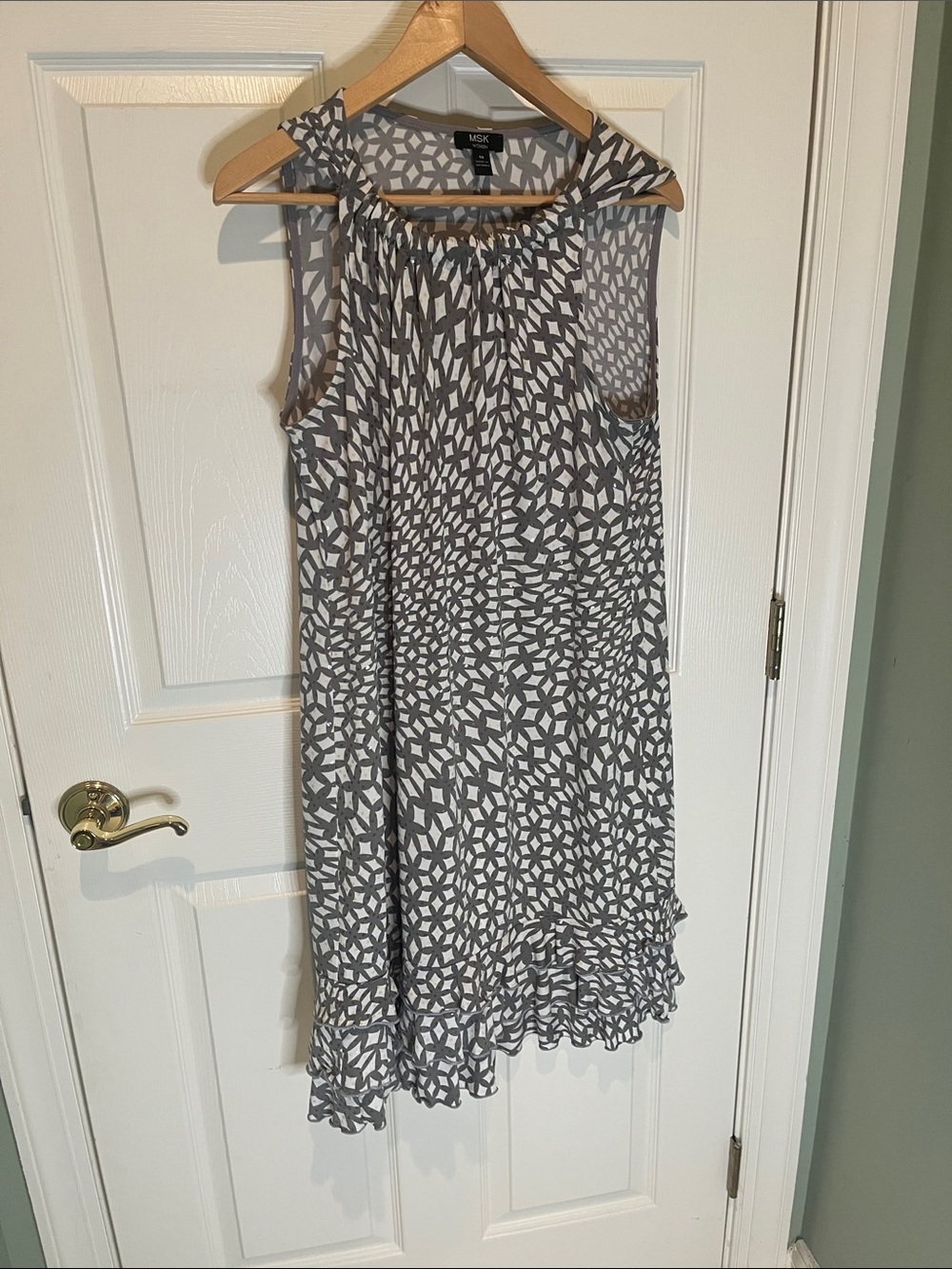 MSK Gray & White Sleeveless sequined Printed Midi Dress with Ruffle Hem